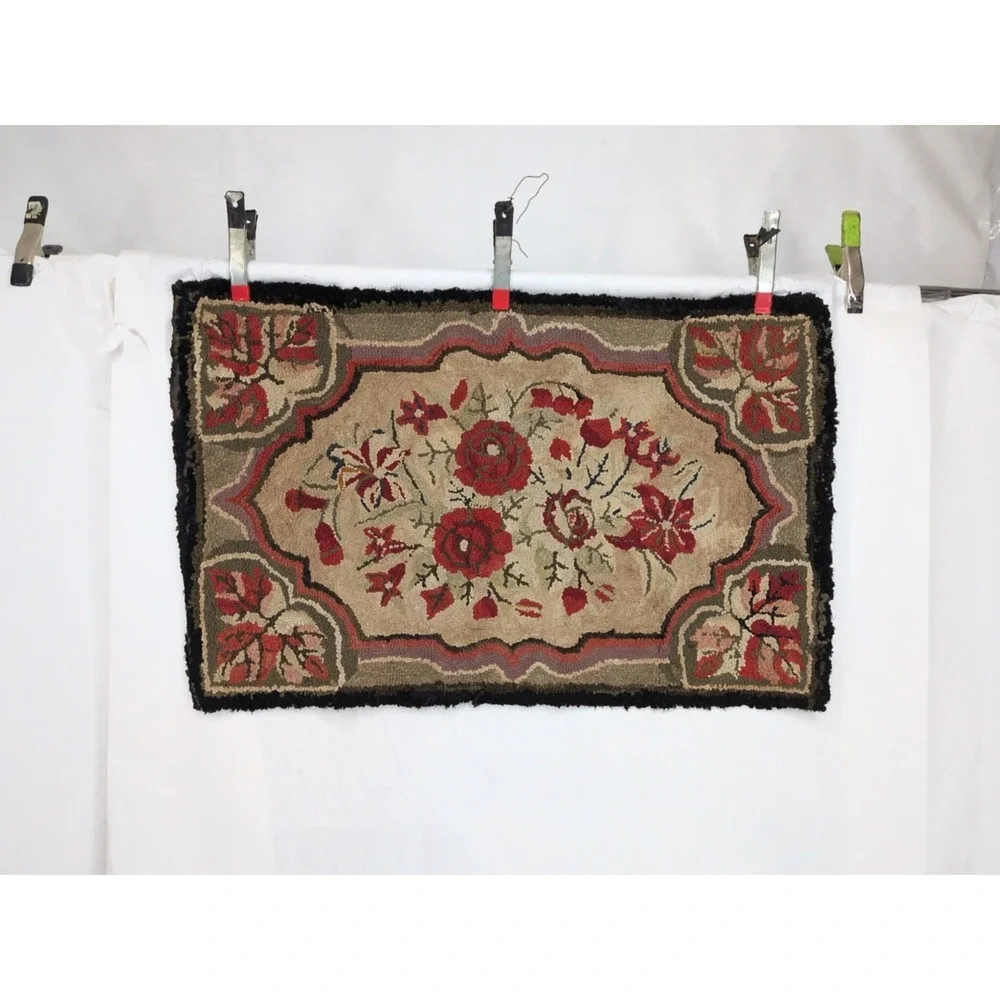 Vintage Hand Hooked Rug 24x37 Primitive Red Gold Floral Pattern Cottagecore